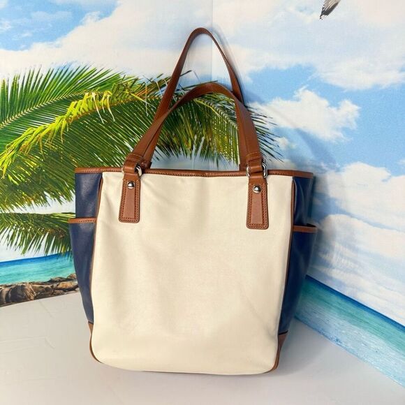 Coach F23683 Leather Legacy Stripe Tote Ivory Navy Brown Shoulder Bag - Picture 2 of 12